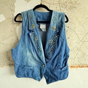 Denim Studded Vest Rhinestone Embellished Western Glam Moto Look Size Medium